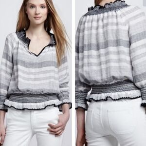 Tory Burch Linen Blend Striped Smocked Boho Top Sz 12